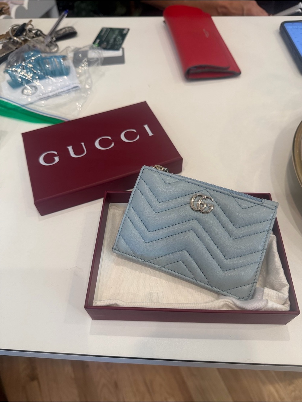 Gucci Light Blue Chevron Quilted Leather Card Case with Double G